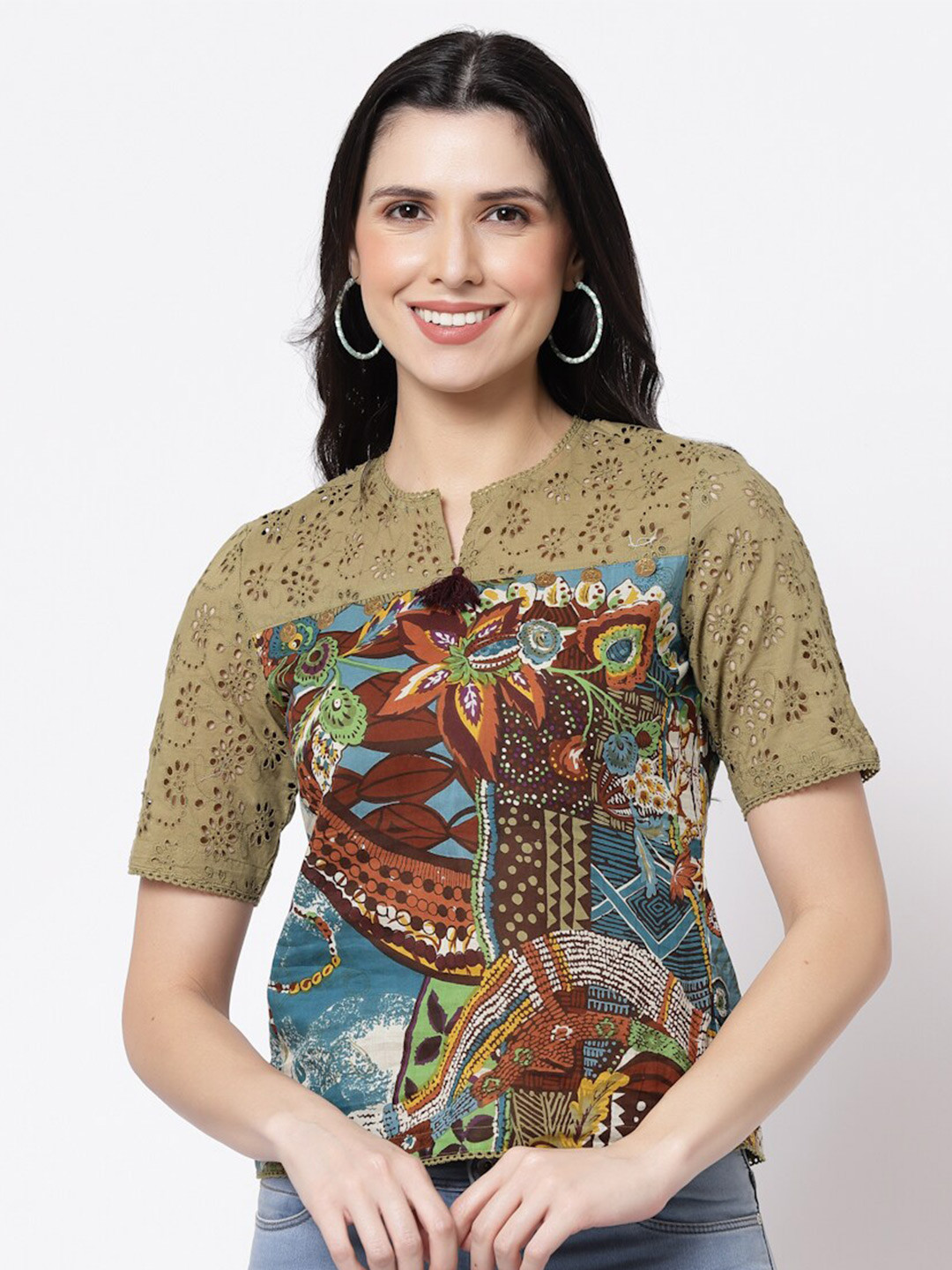 bellamia Women Multicoloured Abstract Print Schiffli Top