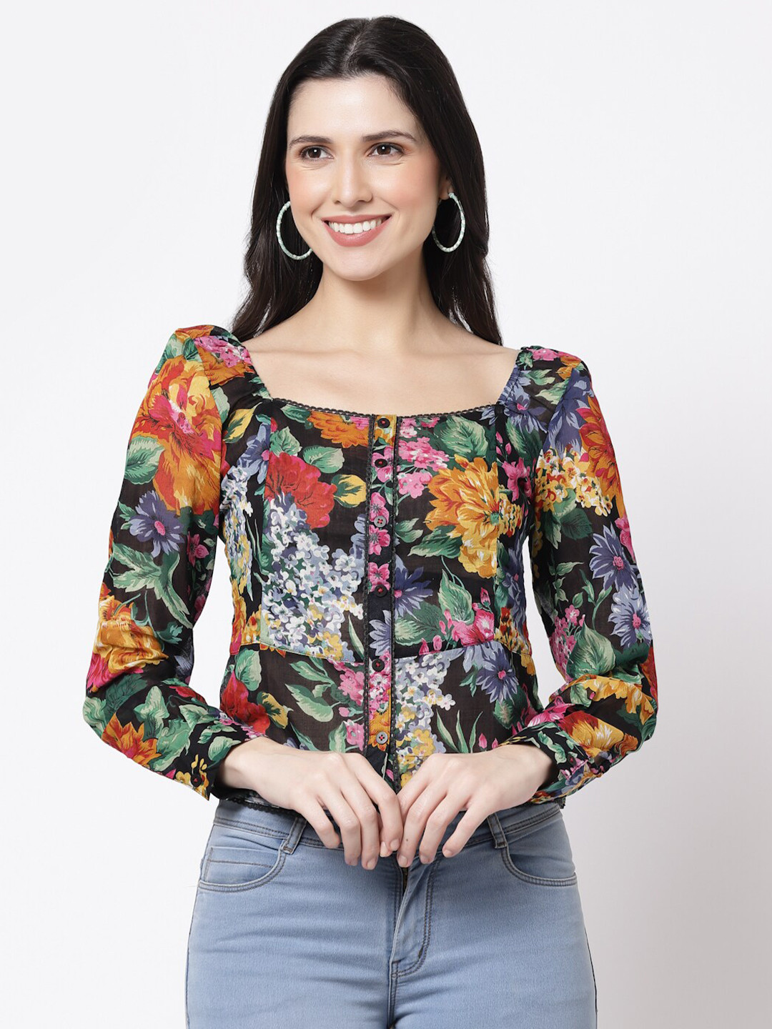 bellamia Women Black Floral Print Square Neck Pure Cotton Top