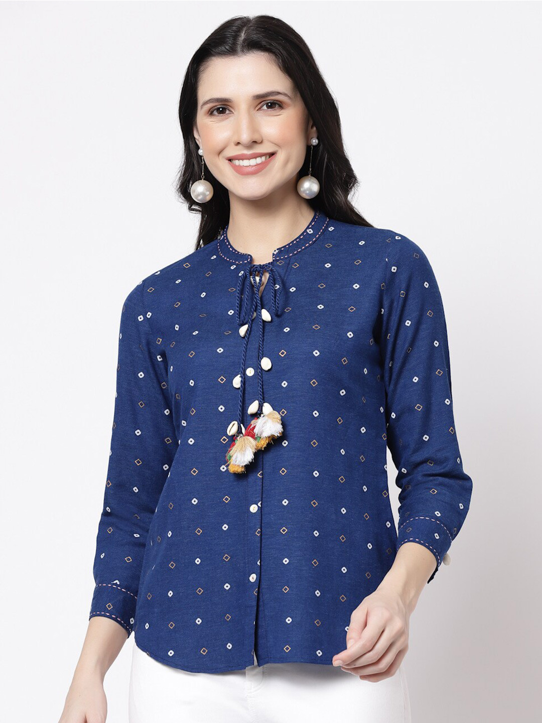 bellamia Women Blue Custom Tailored Fit Printed Tie-Up Neck Casual Shirt