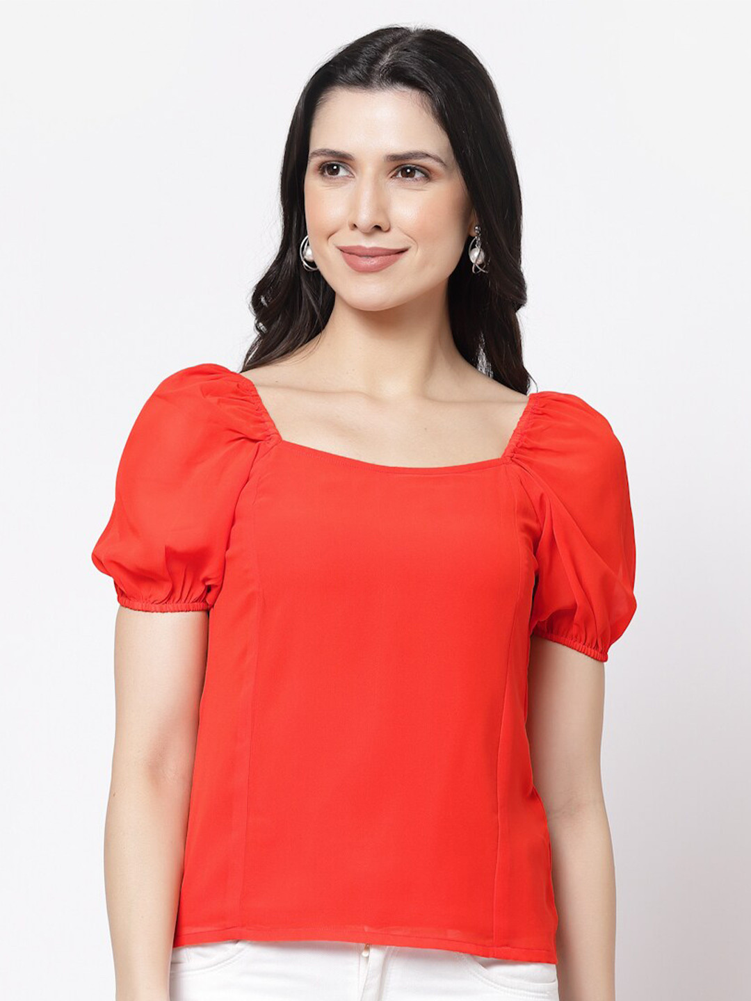 bellamia Orange Georgette Puff Sleeve Top
