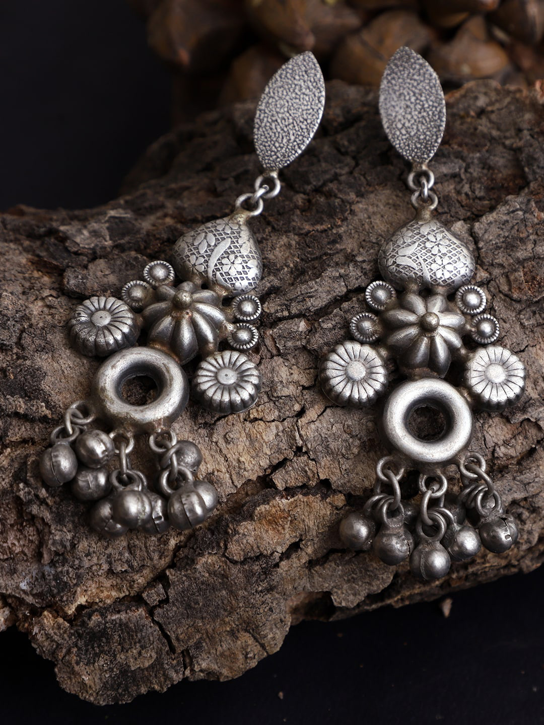 VENI Silver-Toned Floral Silver-Plated Jhumkas Earrings