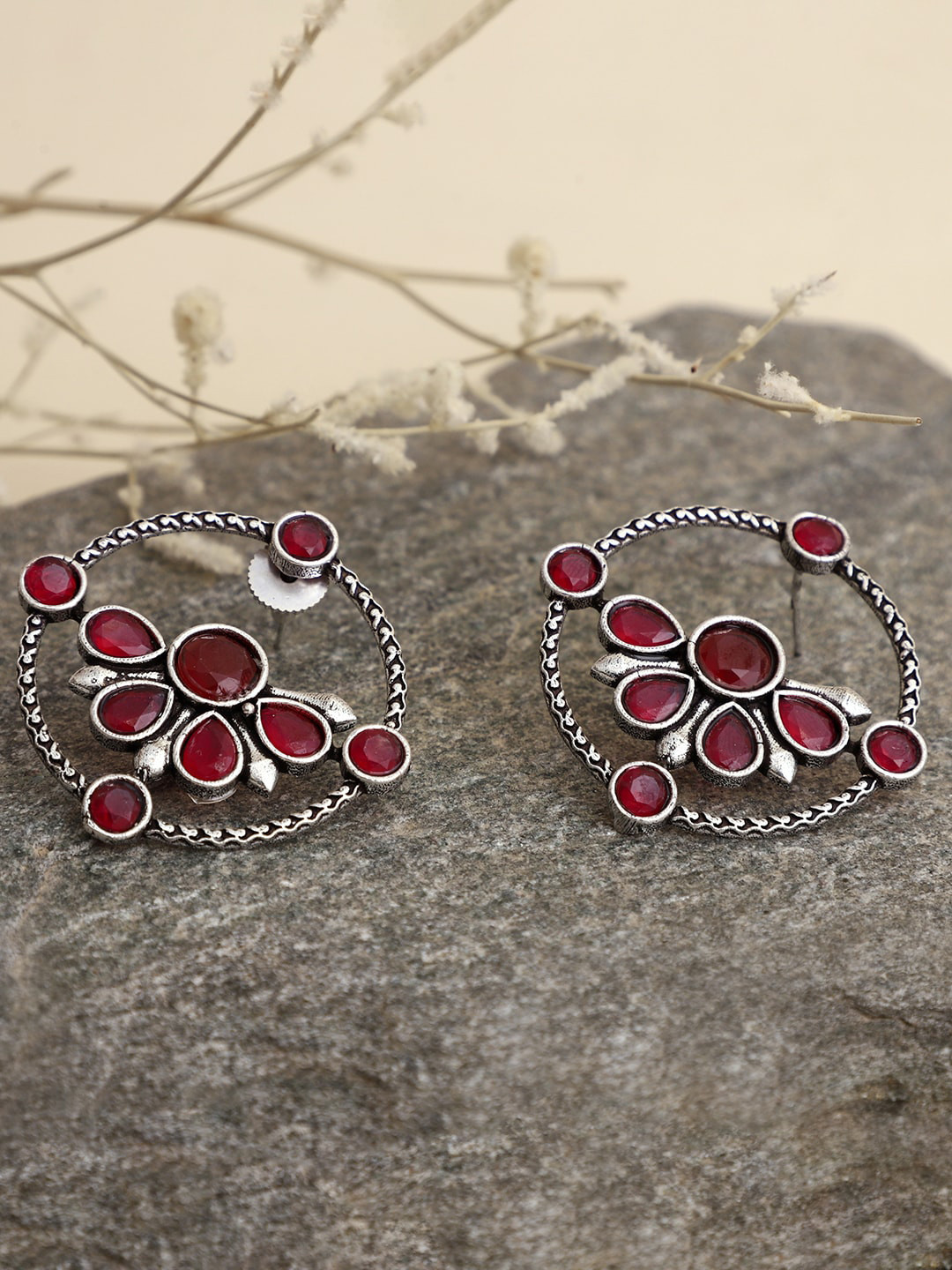 VENI Red Women Silver-Plated Contemporary Chandbalis Earrings