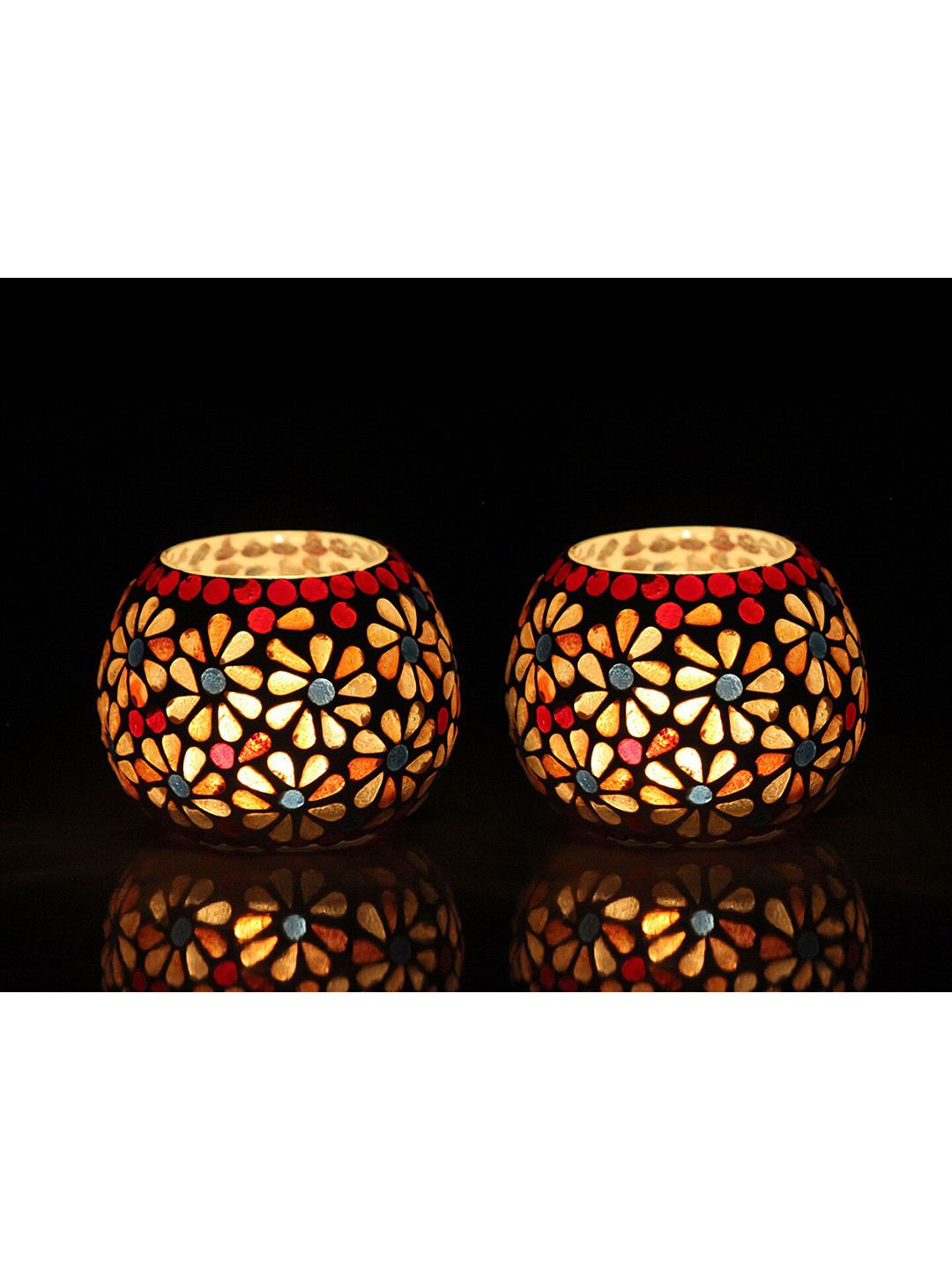 Brahmz Set of 2 Yellow & Red Mosaic Glass Candle Holder