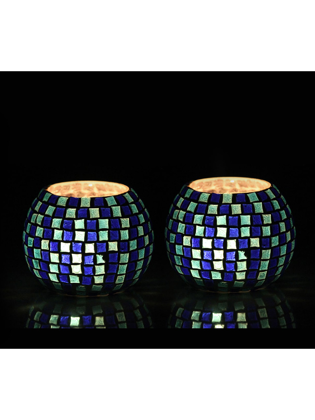 Brahmz Set Of 2 White & Blue Square Patterned T-Lite Candle Holders