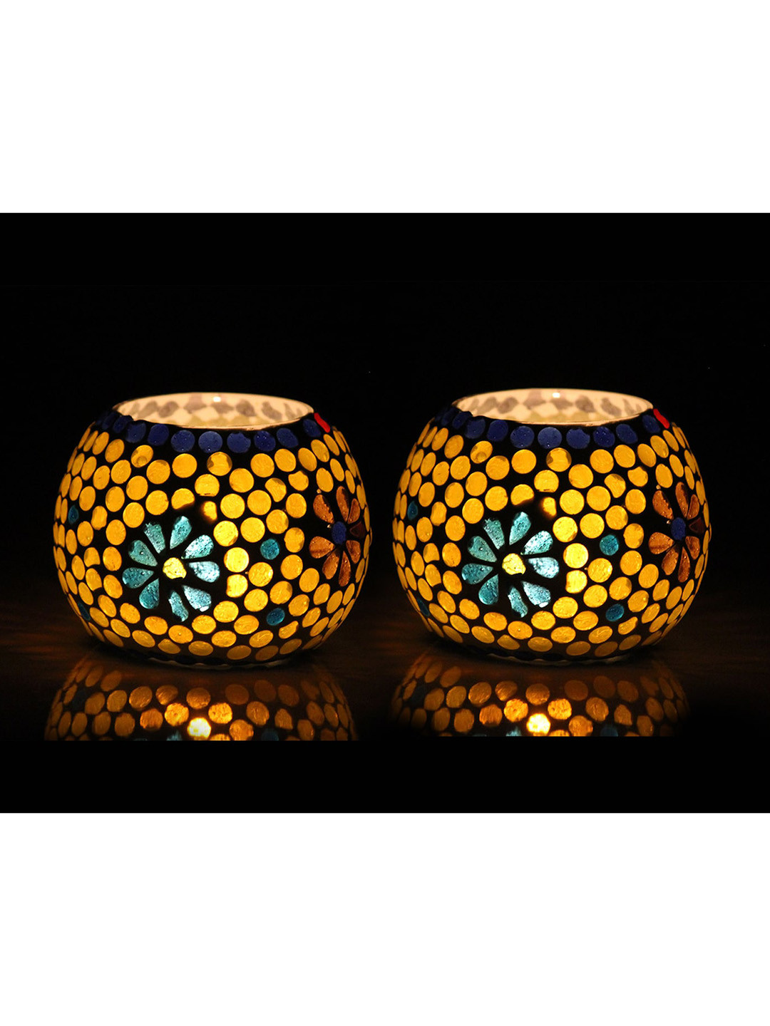Brahmz Yellow & Blue Set of 2 Tea-Light Glass Candle Holders