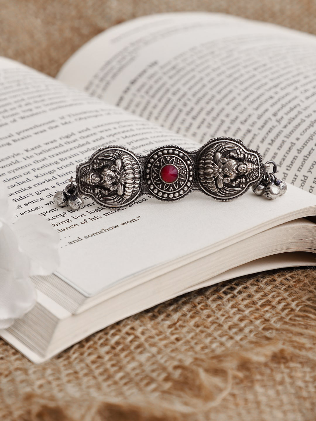VENI Silver-Plated Oxidised Red Ruby Stone Studded Durga Finger Ring