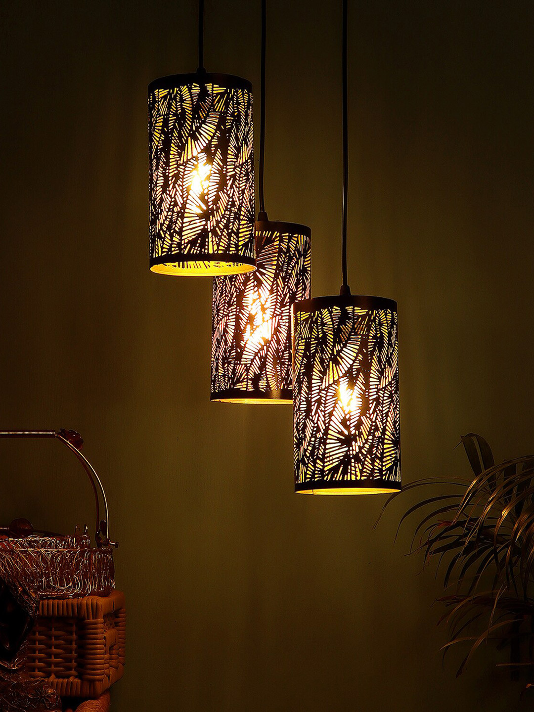 MFD HOME FURNISHING Black Solid Cut Work Vintage Ceiling Lamp