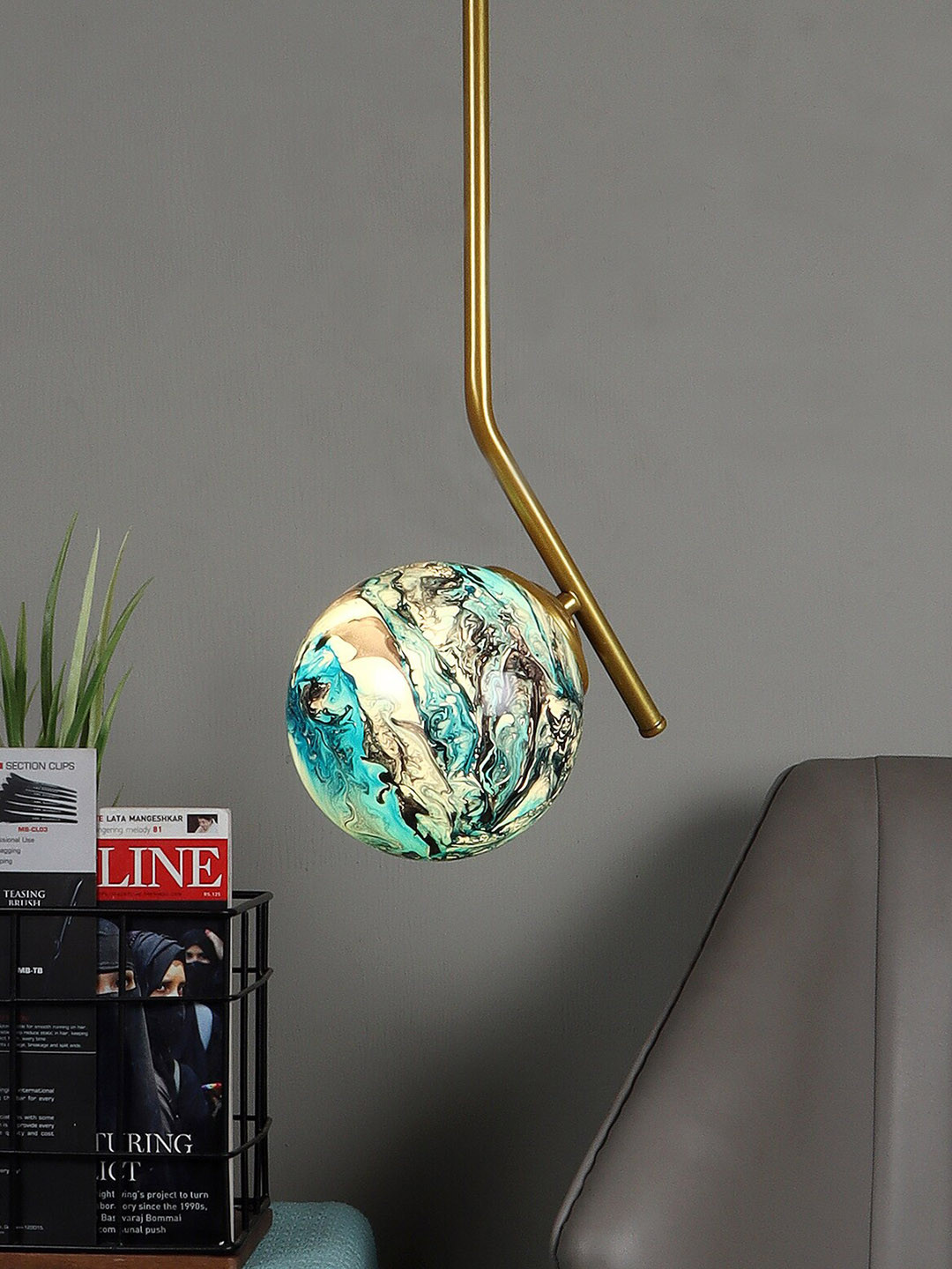 MFD HOME FURNISHING Gold & Blue 3D Glass Ceiling Lamp