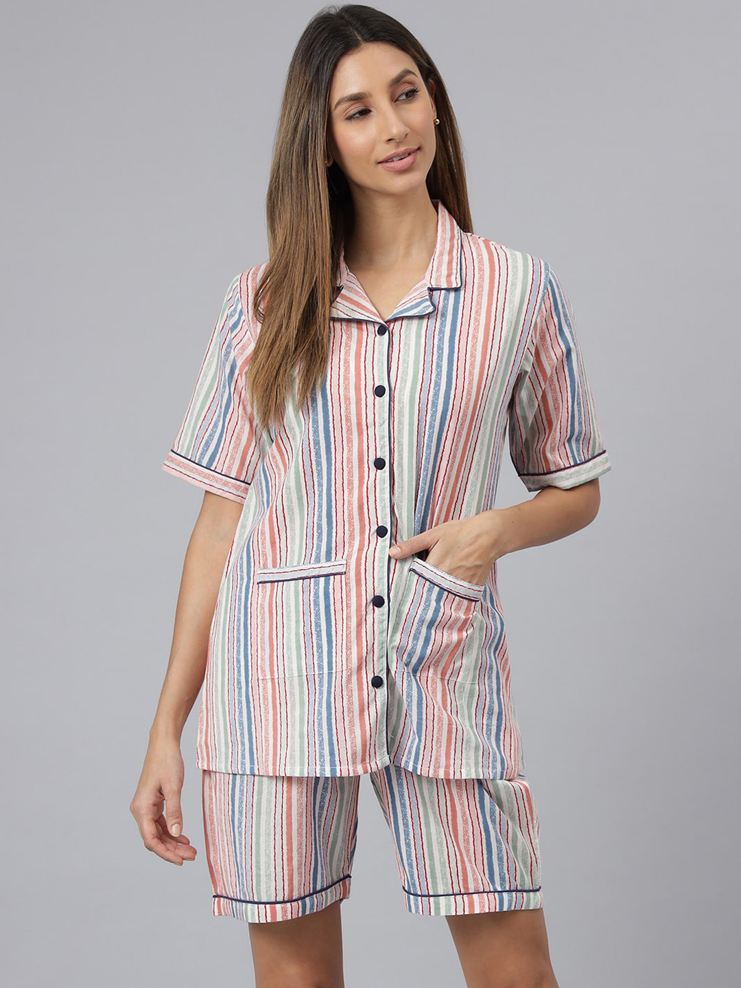 JAIPUR ATTIRE Women Pink & Blue Printed Pure Cotton Night suit