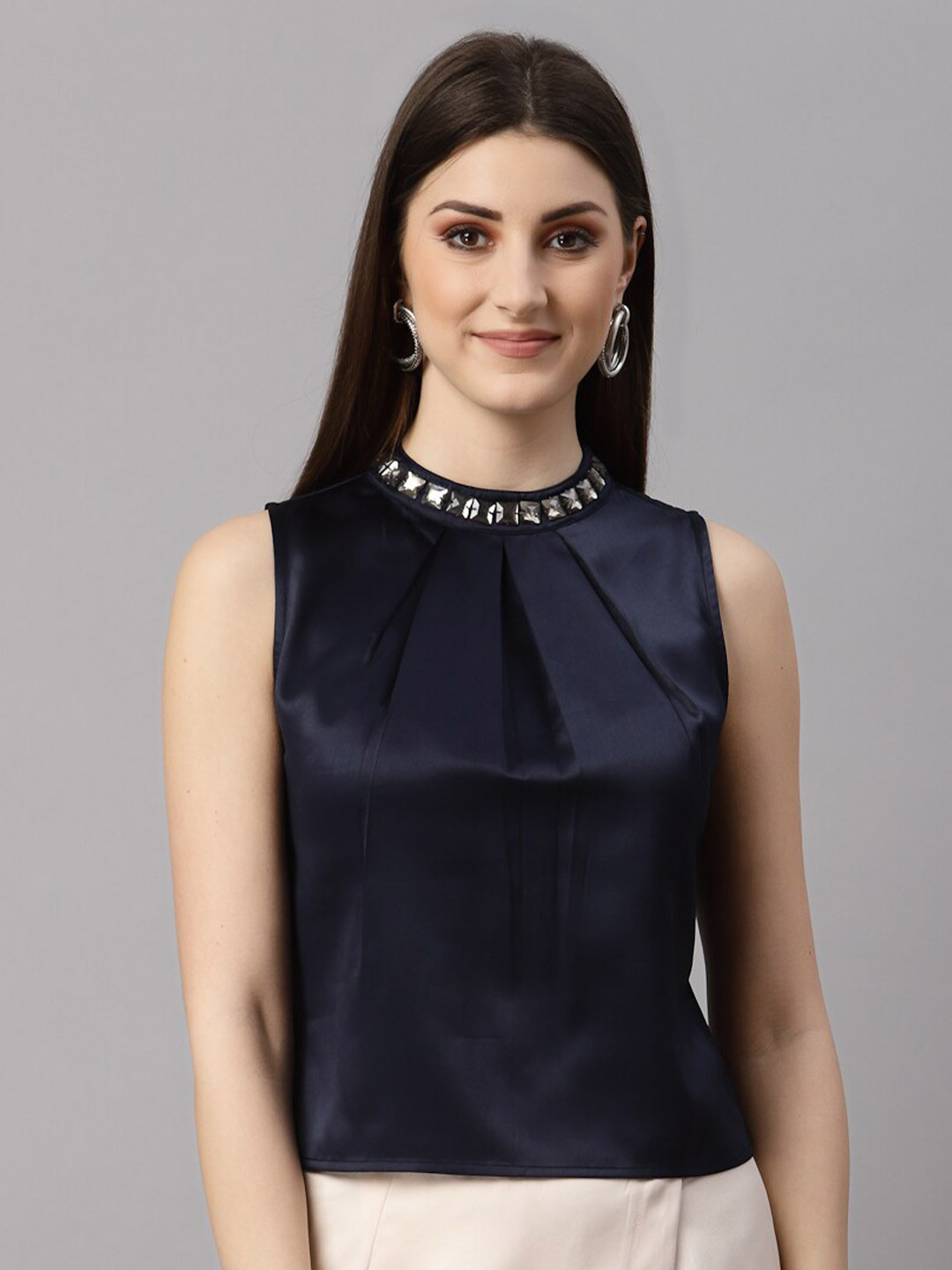 NEUDIS Women Navy Blue Embellished Satin Top