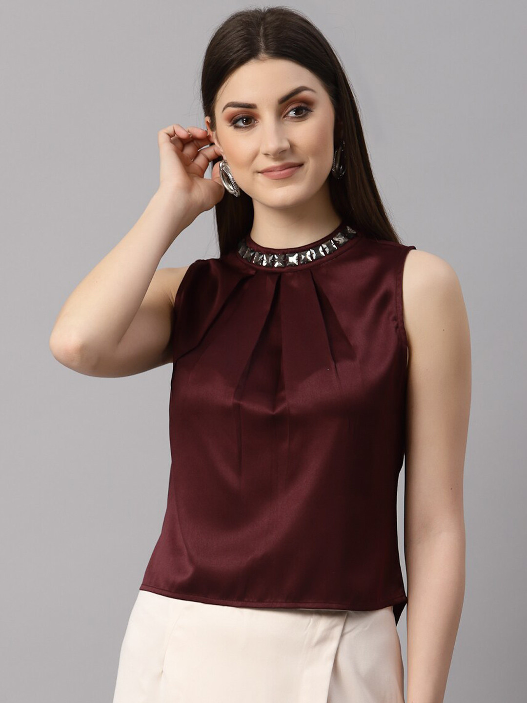 NEUDIS Women Burgundy Embellished Satin Top