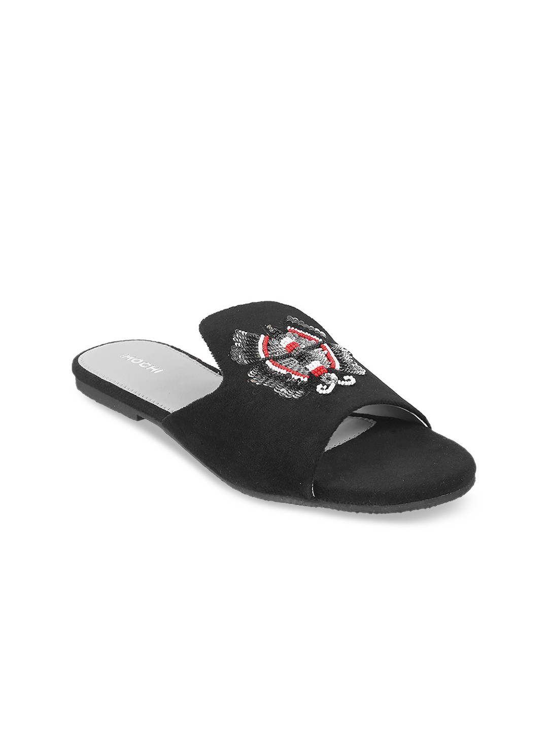 Mochi Women Black Open Toe Embellished Flats