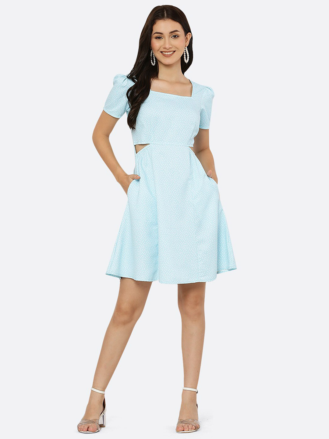 RAASSIO Women Blue Polka Dot Mini A Line Dress