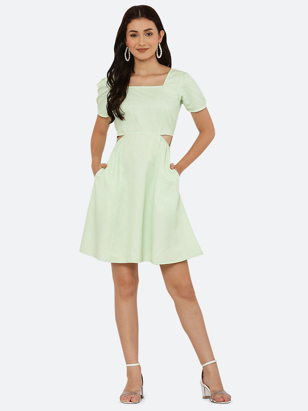 RAASSIO Women Green Polka Dot Print Size Cut Mini A-Line Dress