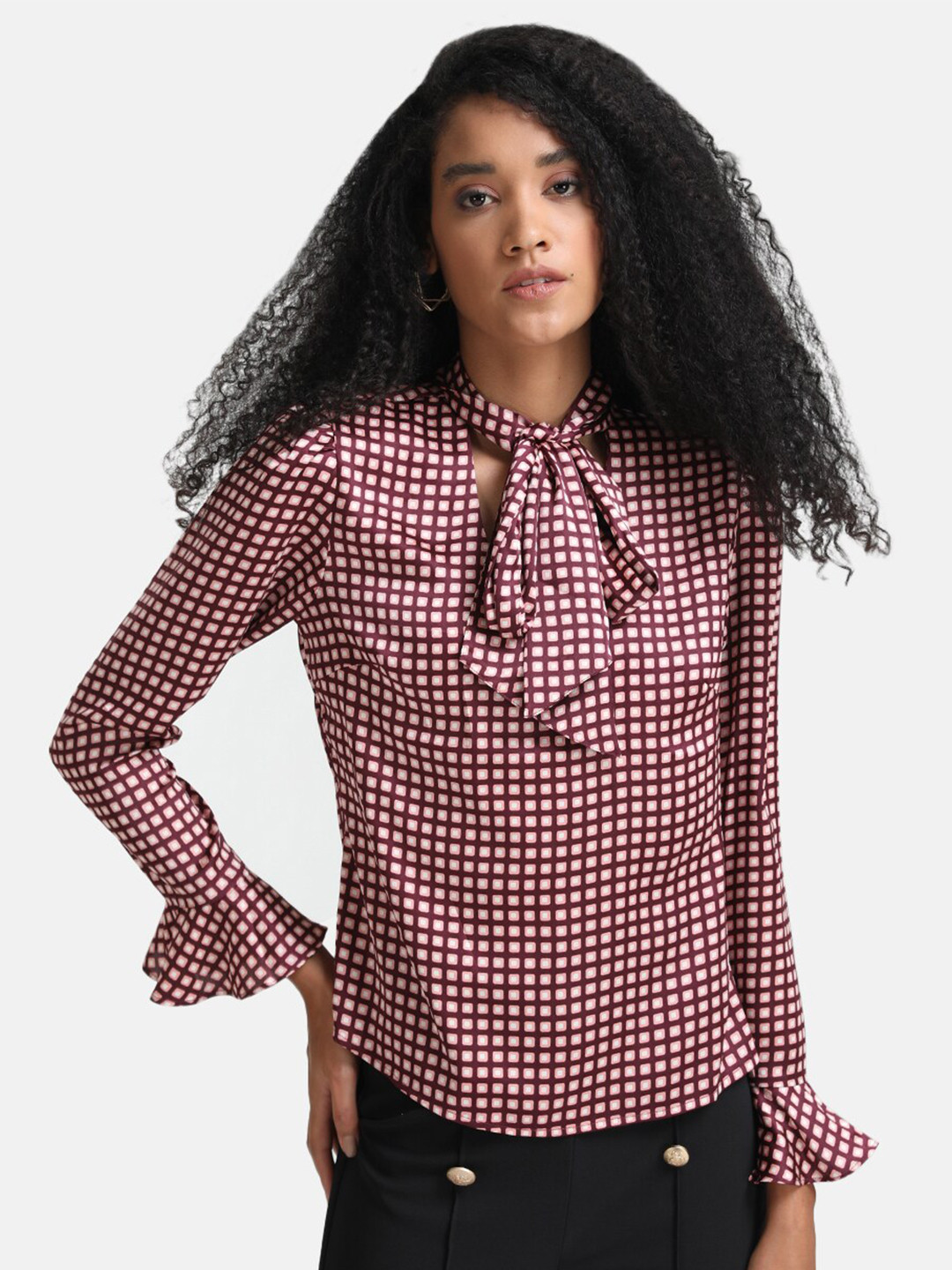 Kazo Women Maroon Checked Tie-Up Neck Satin Top