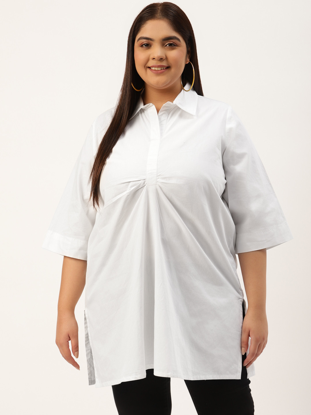 theRebelinme Plus Size White Solid Shirt Collar Cotton Tunic with Ruched Detail