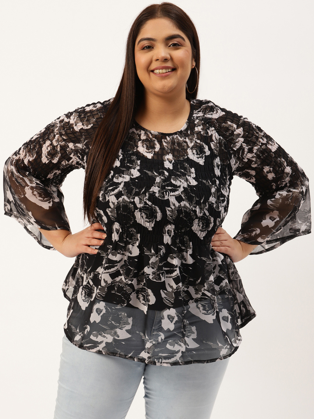 theRebelinme Plus Size Black & Grey Floral Print Smocked Georgette A-Line Top