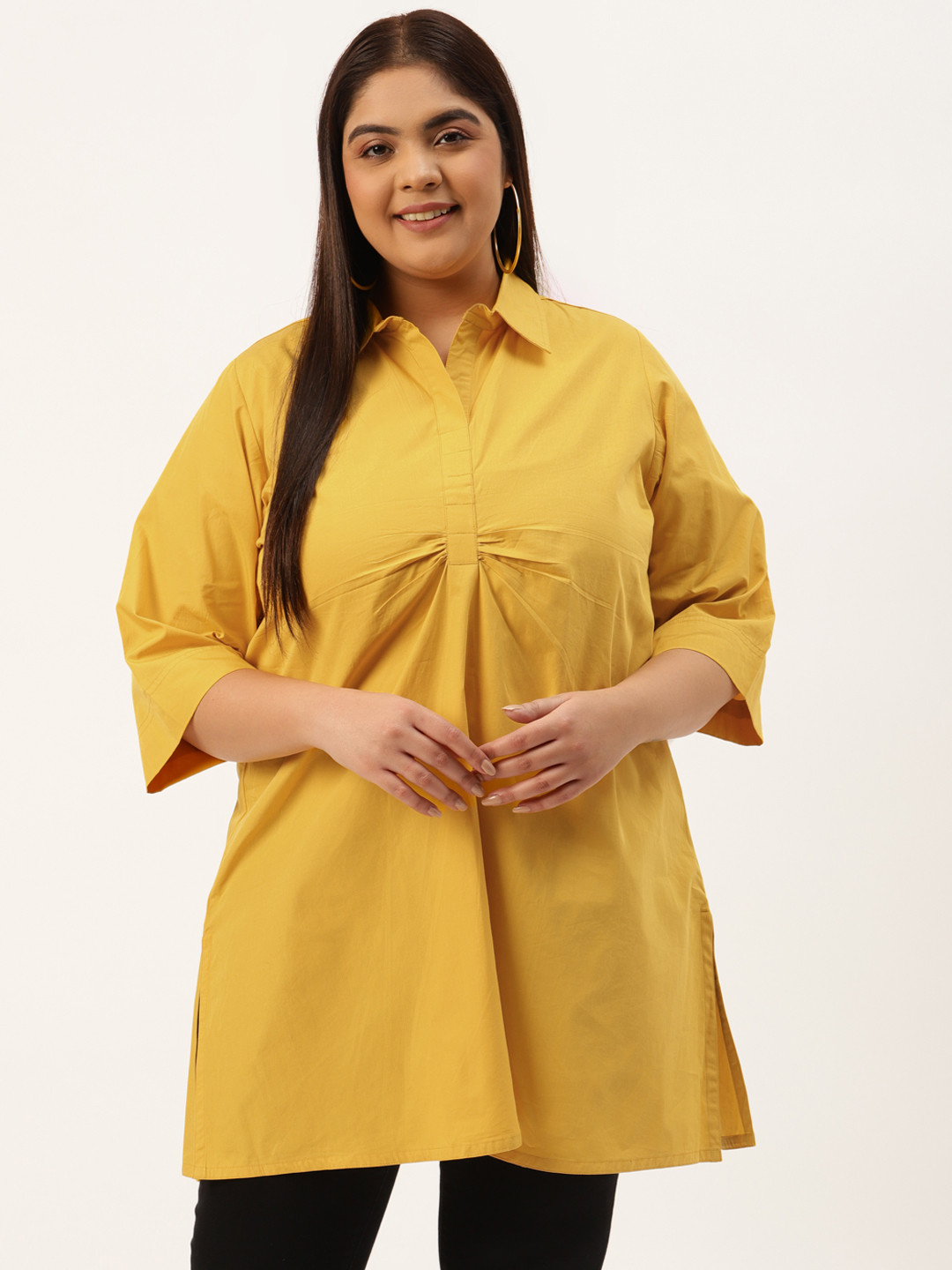theRebelinme Plus Size Mustard Yellow Solid Cotton Tunic with Ruched Detail
