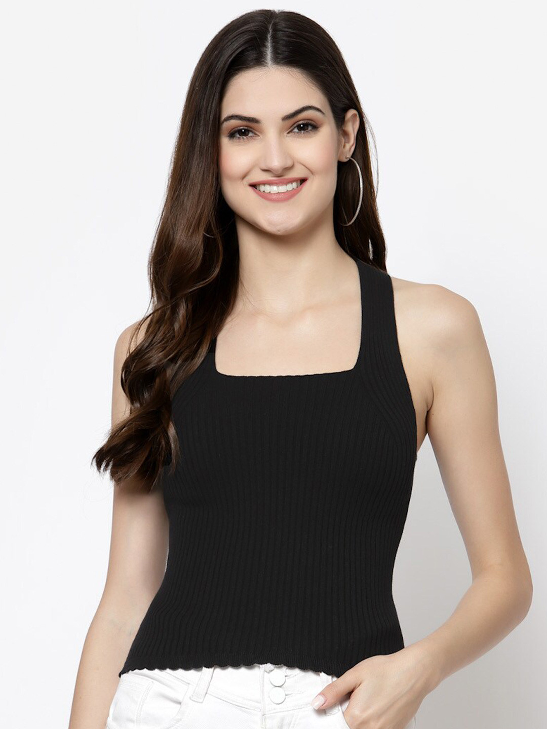 Kalt Women Black Square Neck Knitted Ribbed Cotton Fitted Top