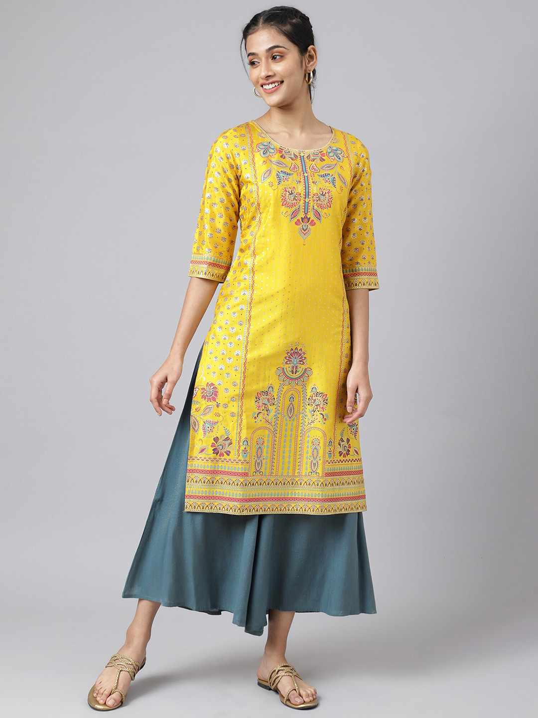 AURELIA Women Yellow Ethnic Motifs Printed Kurta