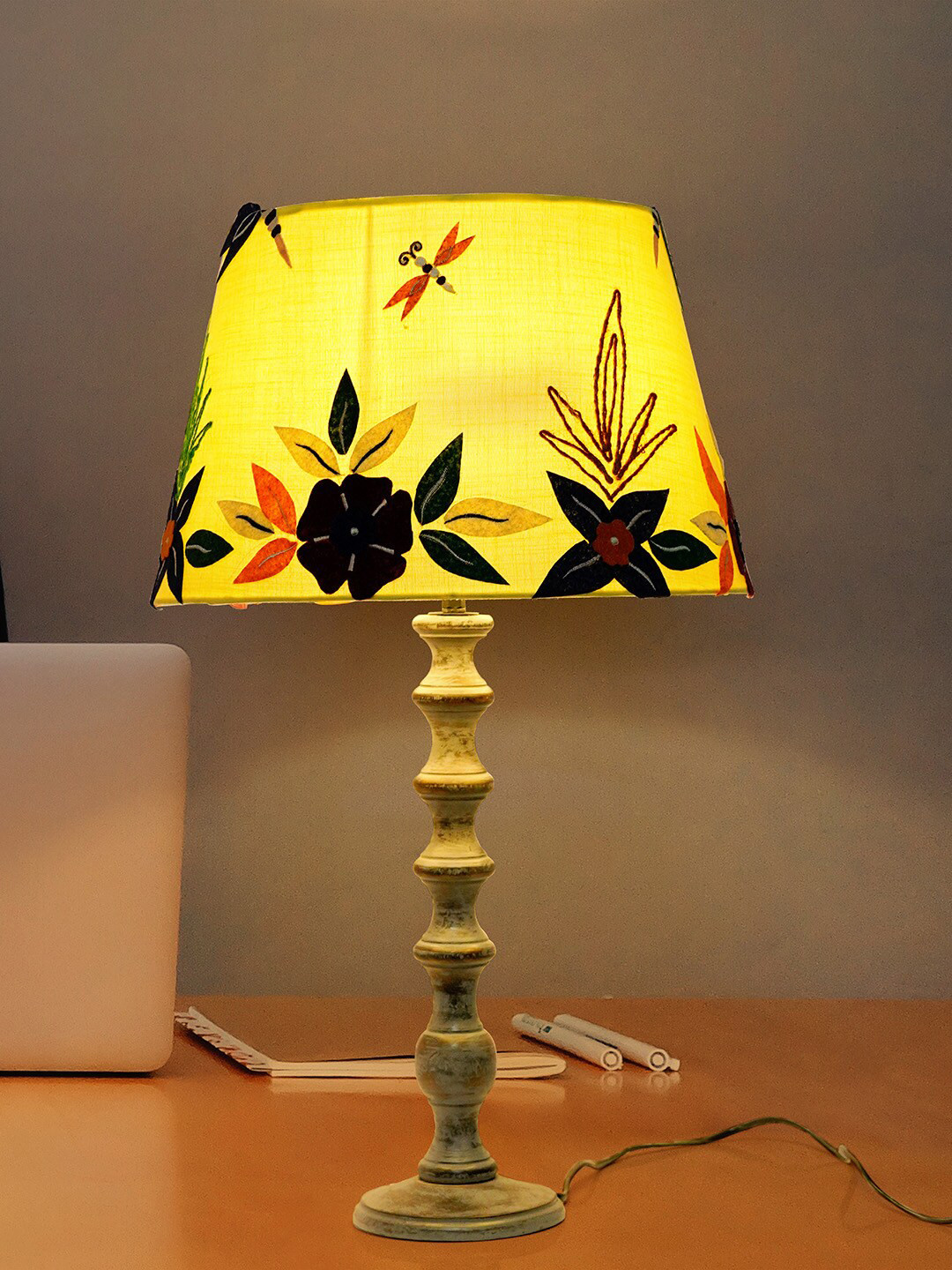 Fos Lighting Grey & Yellow Embroidered Wooden Table Lamps With Shade