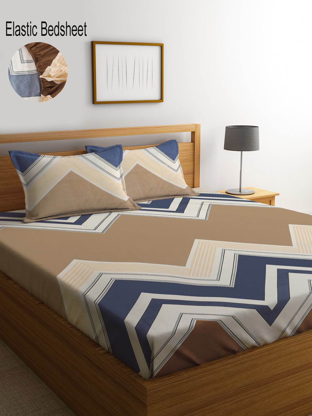KLOTTHE Blue Abstract Polycotton 300 TC Fitted King Fine Bedsheet with 2 Pillow Covers-96 x 89 inches