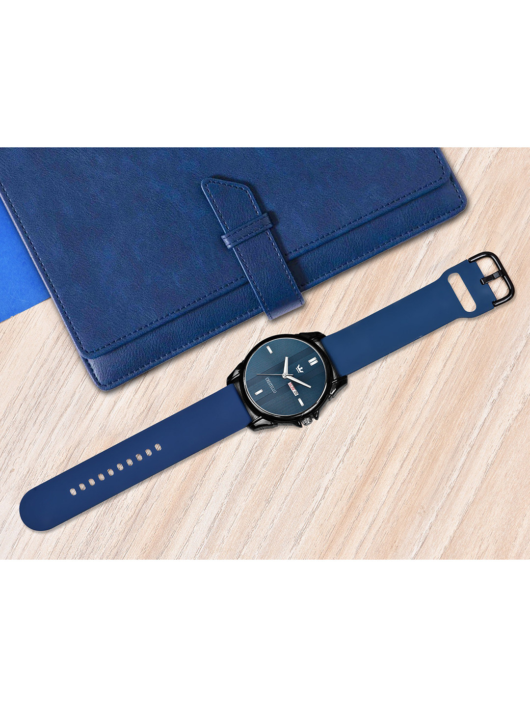 CRESTELLO Men Blue Brass Dial & Blue Straps Analogue Watch