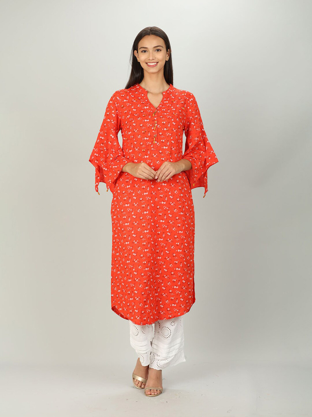 Mustard Women Orange & Pink Floral Printed Flared Sleeves Floral Kurta
