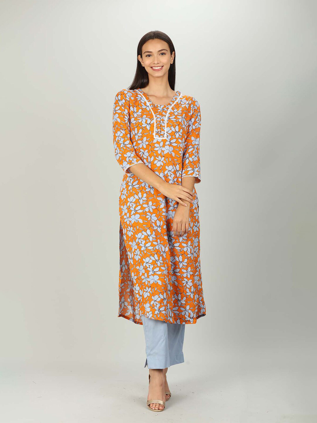 Mustard Women Orange & Grey Floral Printed Thread Work Floral Kurta