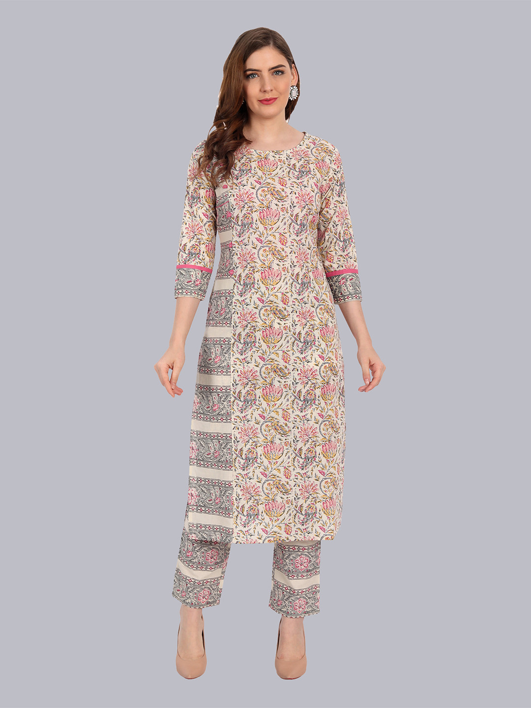 NH KAPDEWALA Women Beige Floral Printed Kurta with Trousers