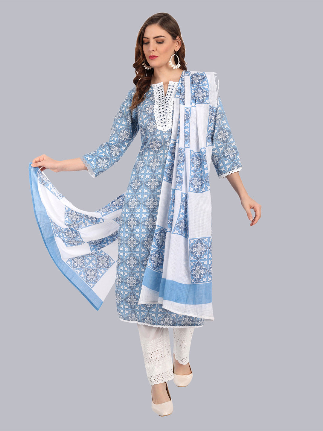 NH KAPDEWALA Women Blue Ethnic Motifs Printed Thread Work Kurta with Trousers & With Dupatta