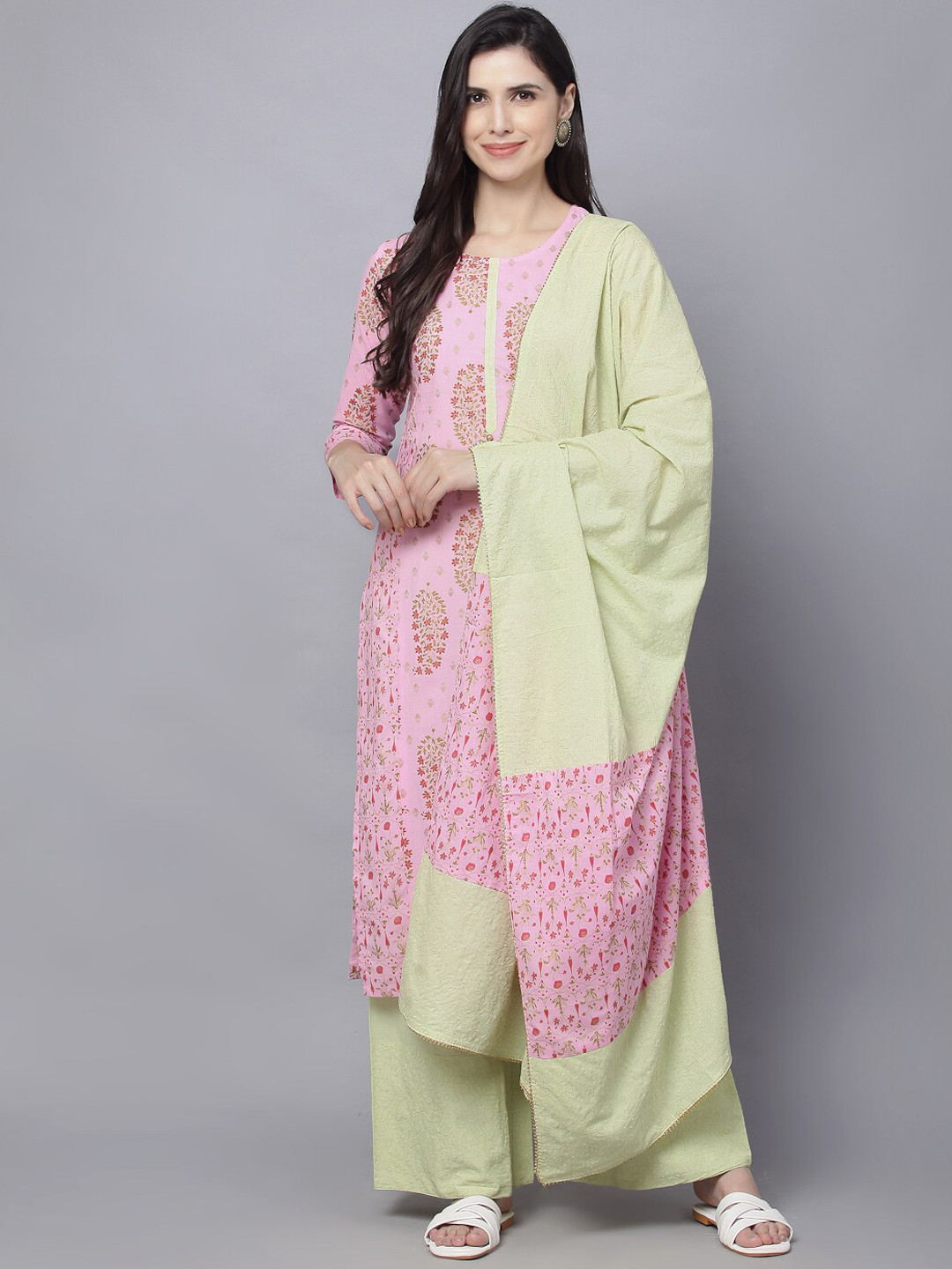 DAAMINA Women Pink & Green Ethnic  Printed Pure Cotton Kurta with Palazzos & Dupatta