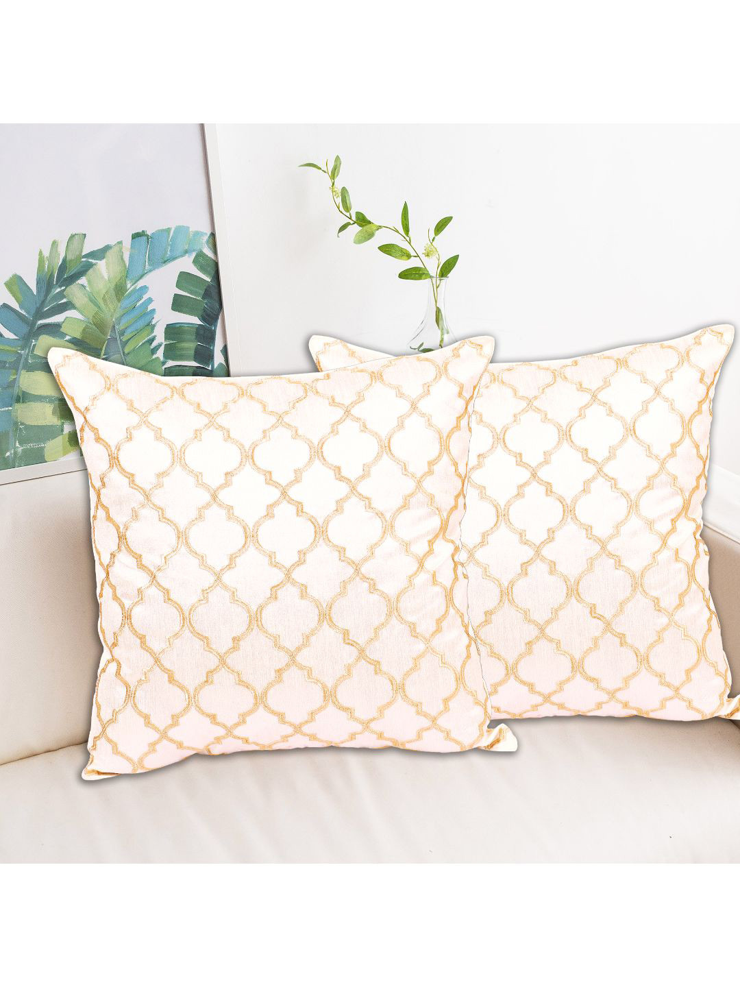 INDHOME LIFE Cream Silk Ultra Soft 2 Piece Embroidered Square Cushion Covers -16x16In
