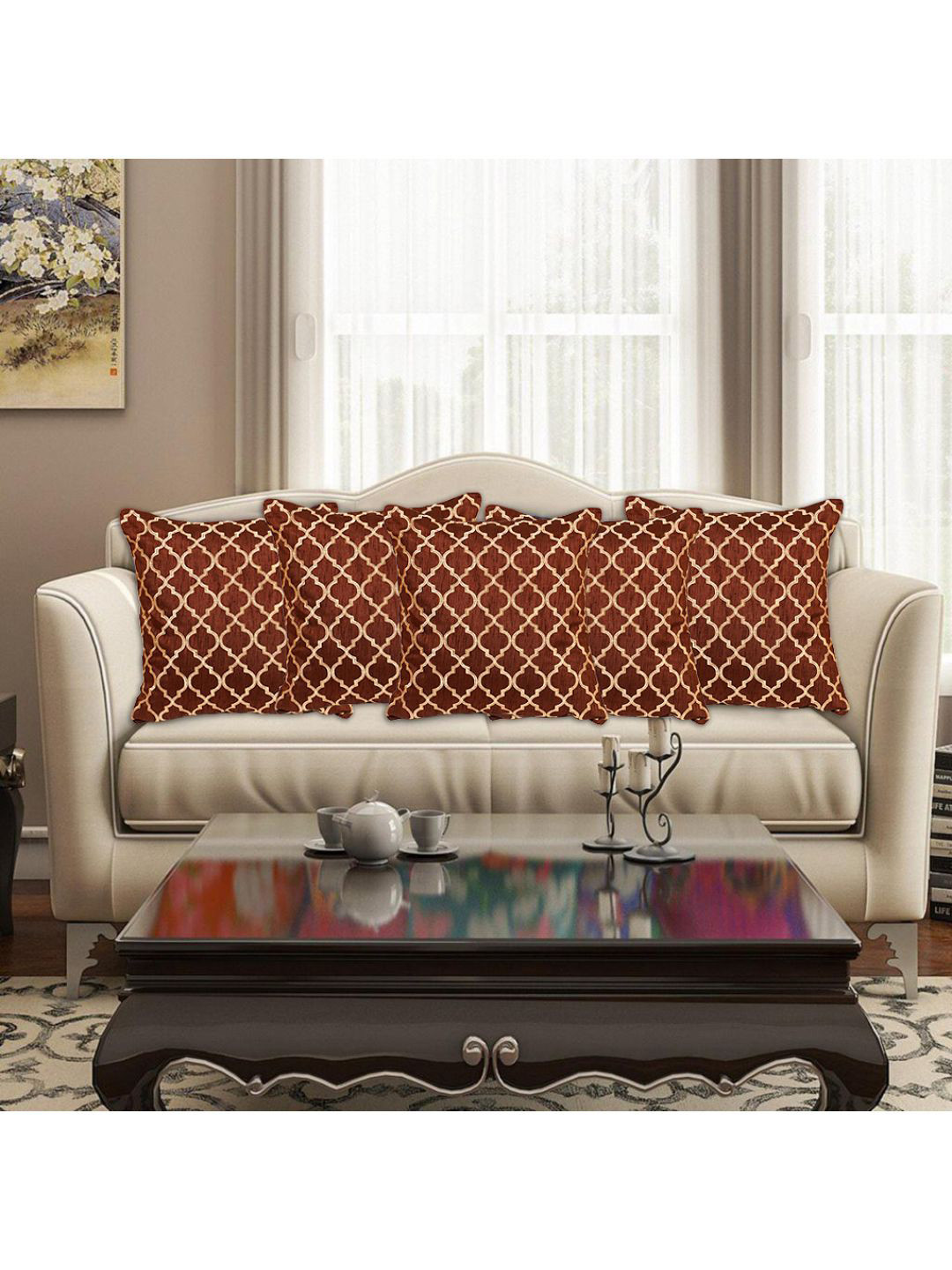 INDHOME LIFE Brown Embroidered Silk Durable 5 Pcs Square Cushion Covers - 16 x 16 In