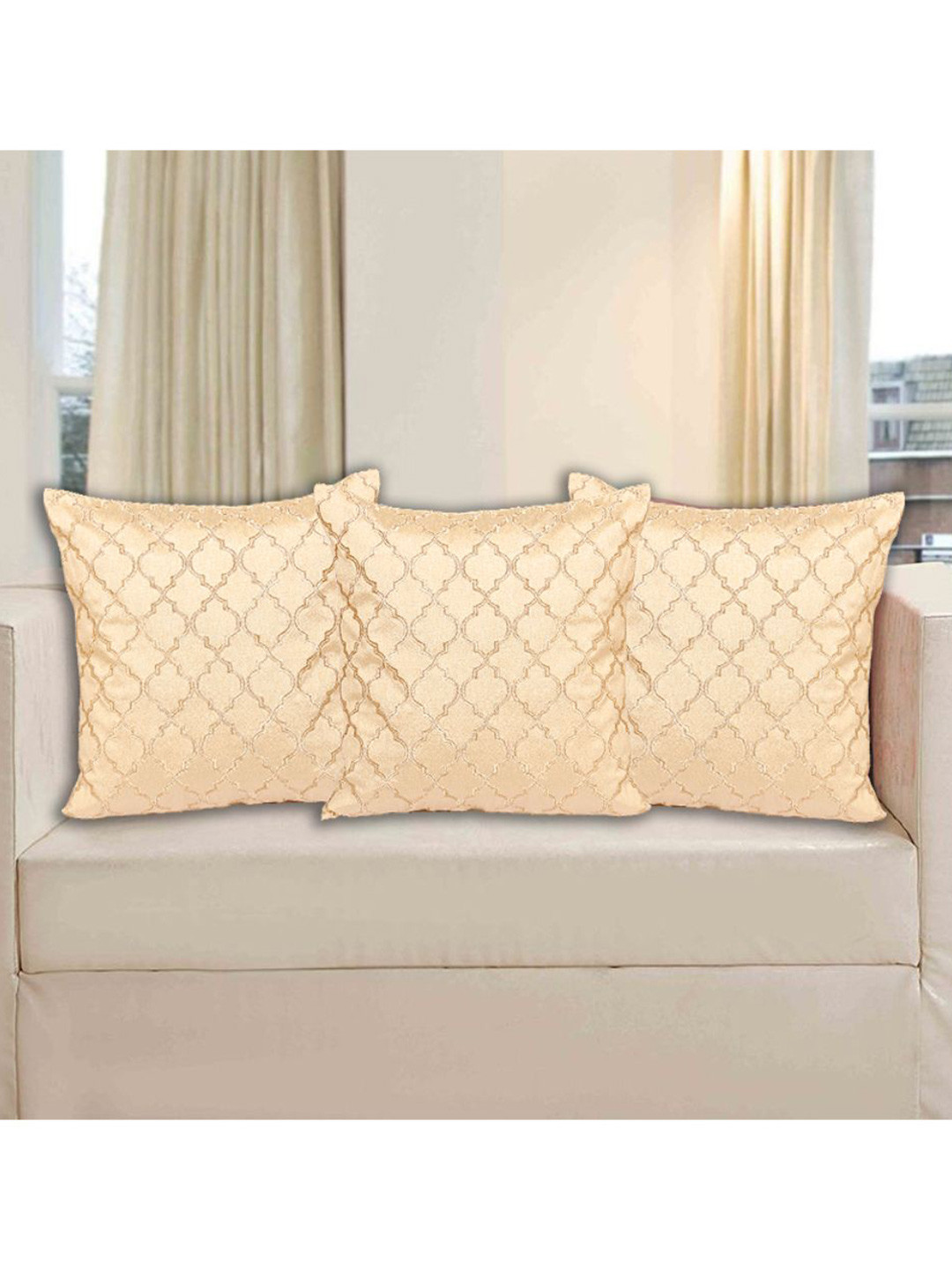INDHOME LIFE Floral Cream Embroidered Silk Breathable 3 Pcs Cushion Covers - 16x16In