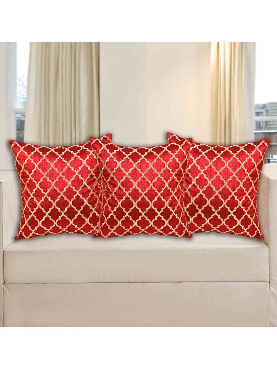 INDHOME LIFE Maroon & Gold-Toned Set of 3 Embroidered Square Cushion Covers