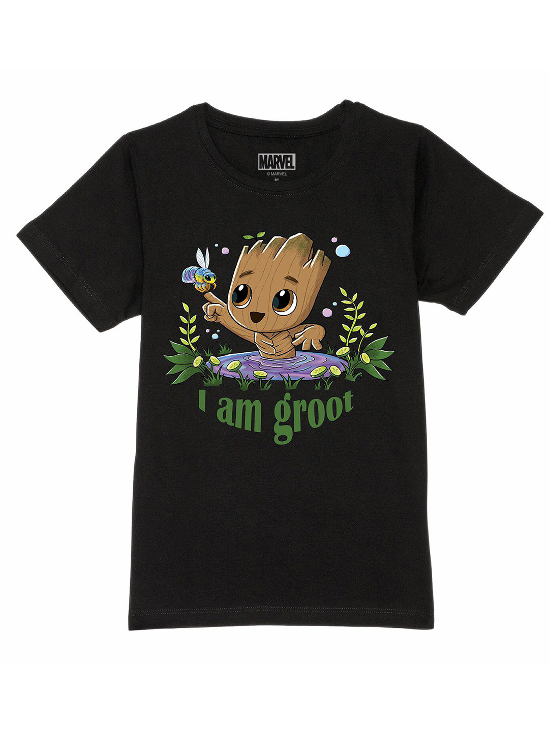 Marvel by Wear Your Mind Boys Black Groot Printed Pure Cotton T-shirt