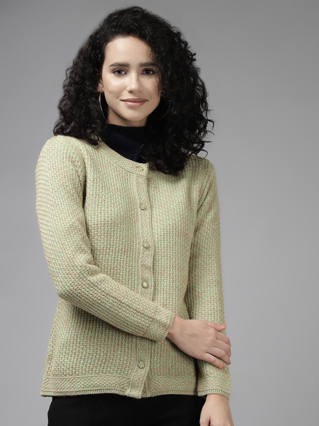 Cayman Women Olive Green Wool Cable Knit Ribbed Cardigan