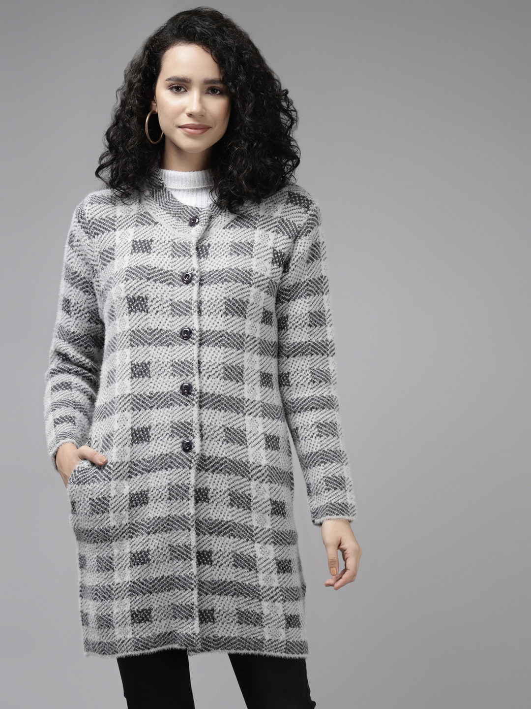 Cayman Women Grey Checked Knitted Wool Longline Cardigan