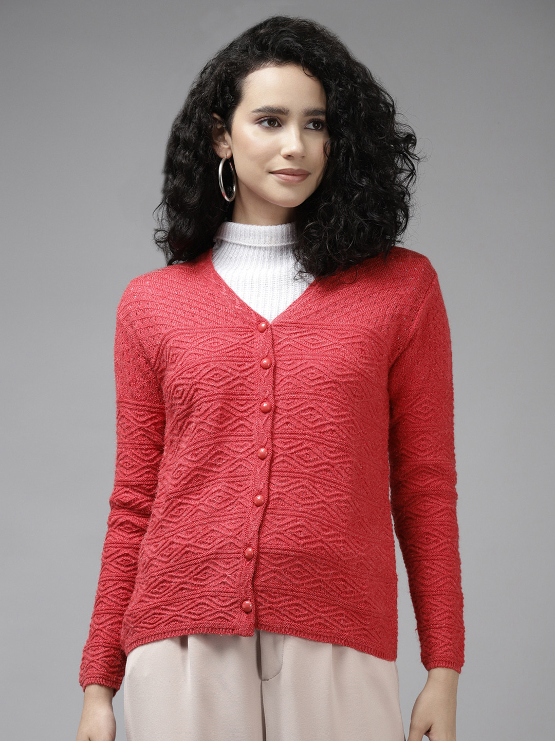 Cayman Women Pink Cable Knit Wool Cardigan