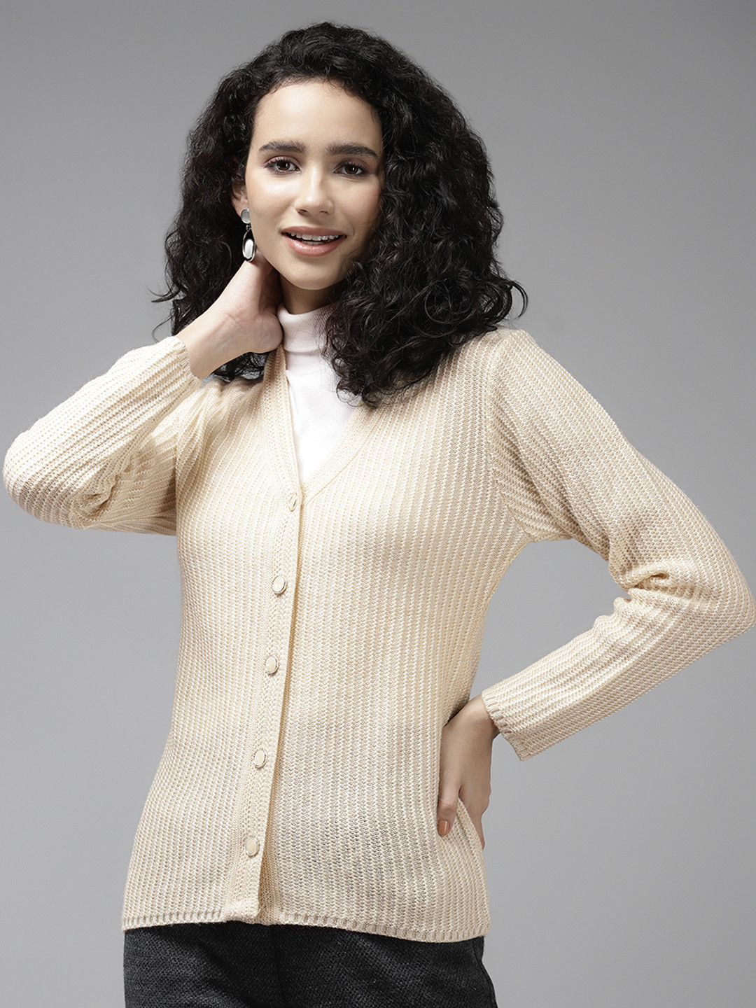 Cayman Women Beige Ribbed Wool Cardigan