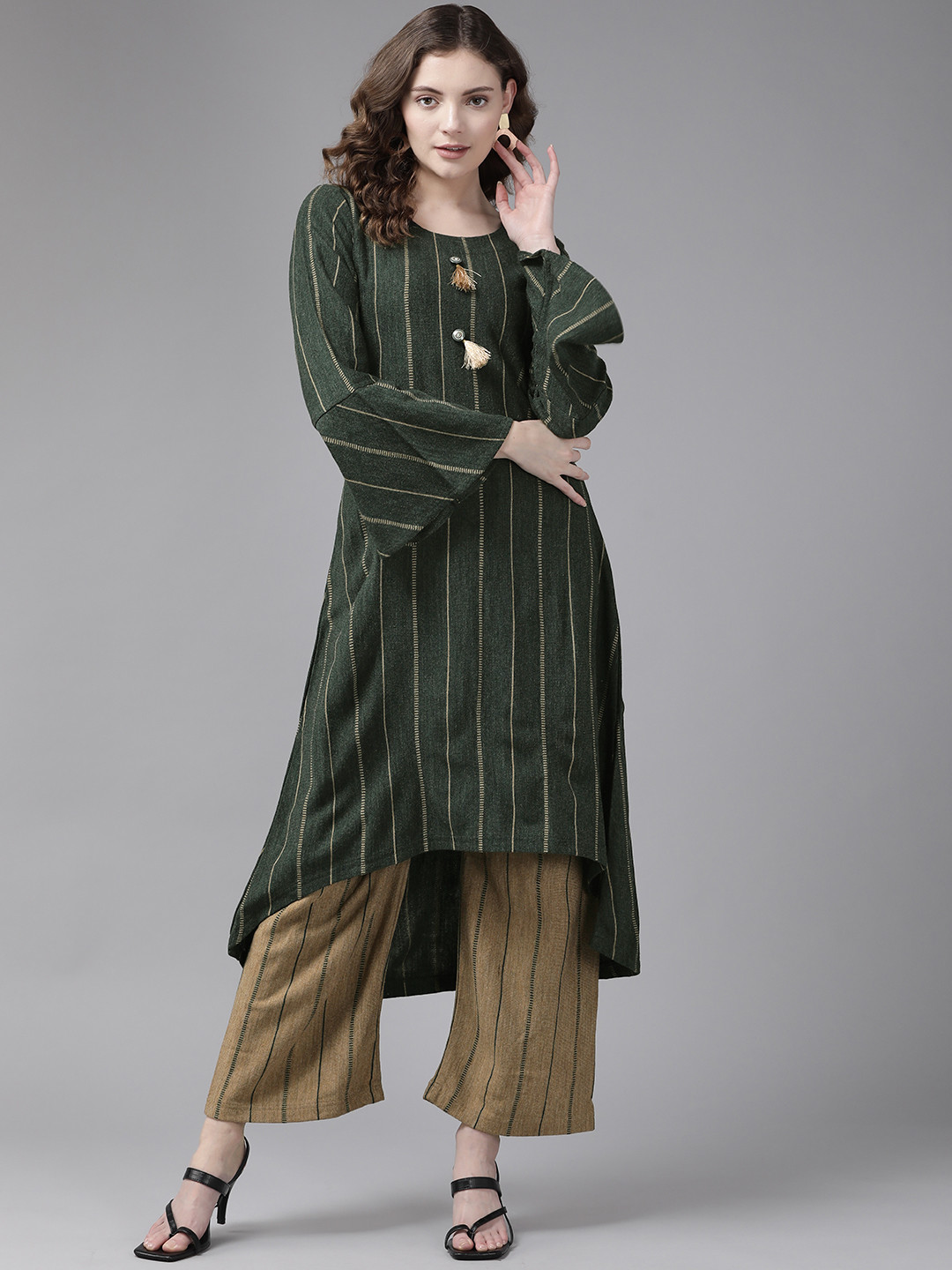 Cayman Women Olive Green & Khakhi Knitted Woollen Kurta with Trousers