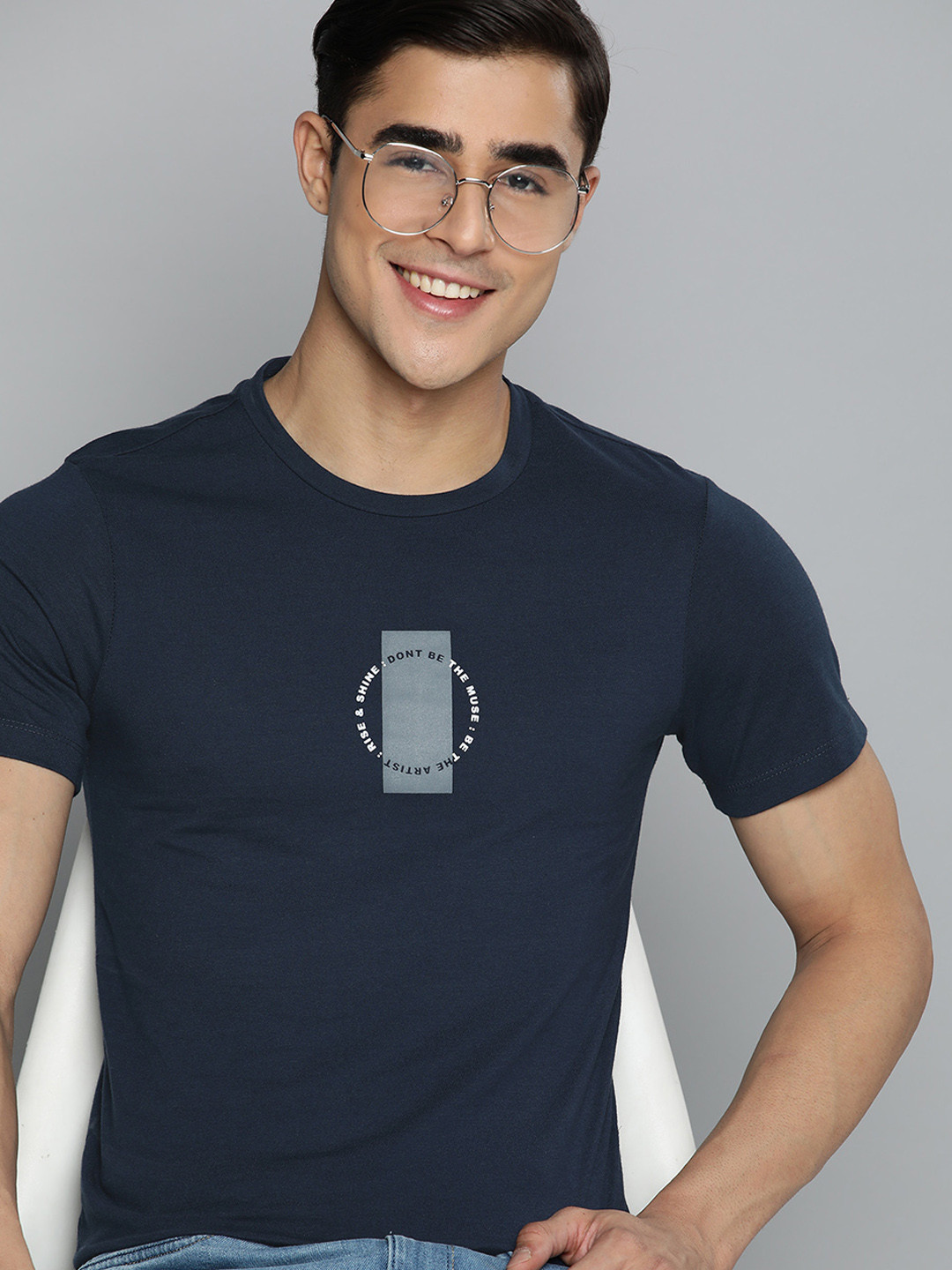 Mast & Harbour Men Navy Blue Typography Printed Knitted T-shirt