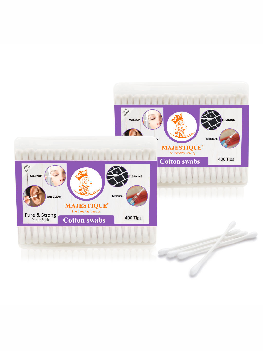 MAJESTIQUE Set of 2 Soft Cotton Swabs Pack - 400 Tips each
