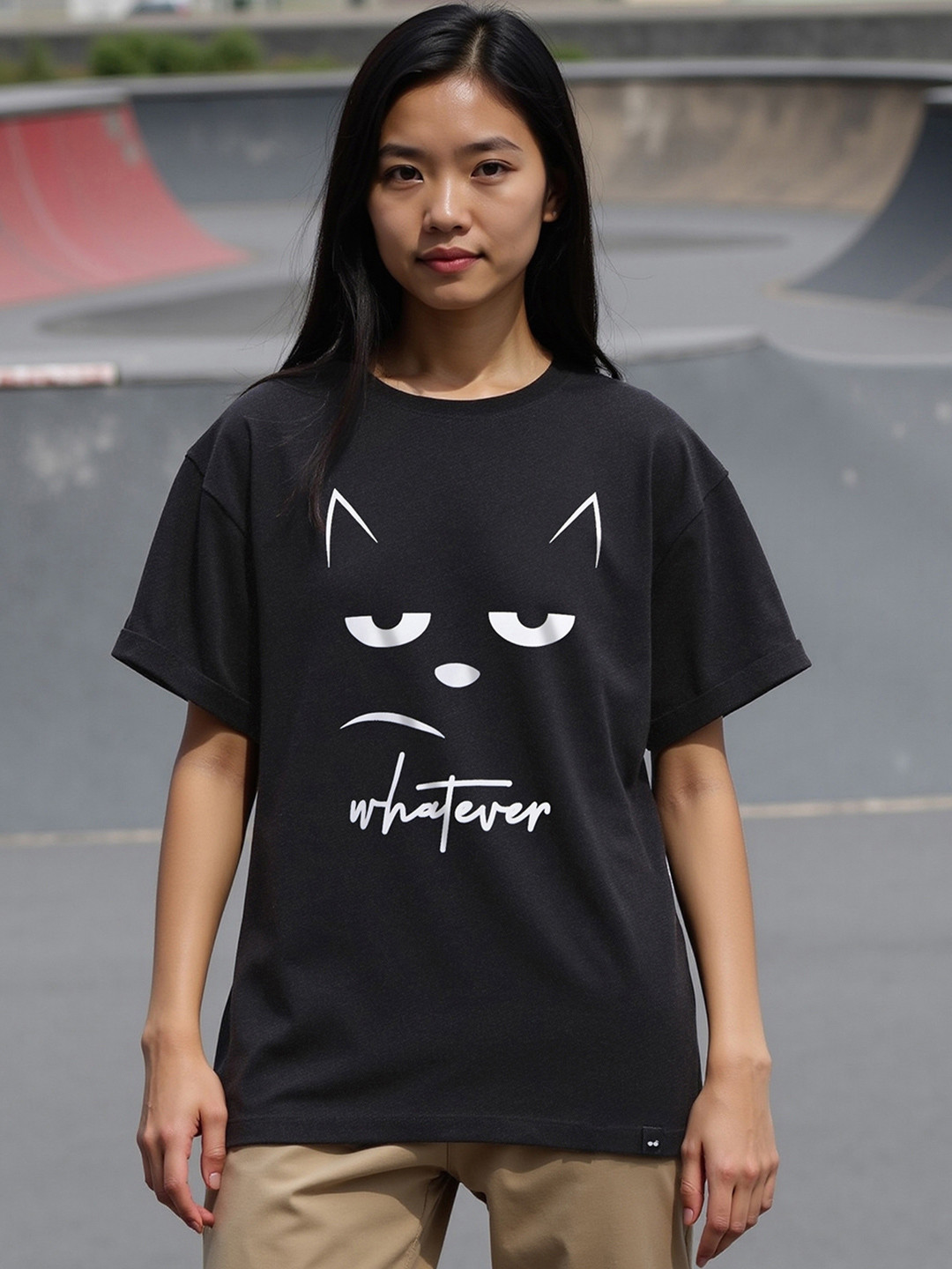Bewakoof Whatever Cat Graphic Printed Oversized T-shirt