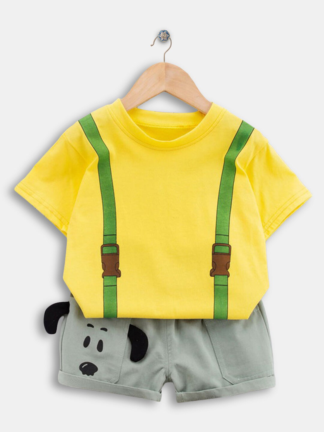 Hopscotch Kids Boys Yellow & Green Graphic Printed T-shirt With Shorts Set