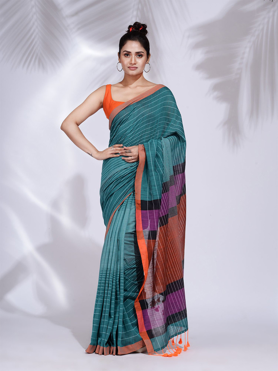 Charukriti Teal & Purple Striped Pure Cotton Saree