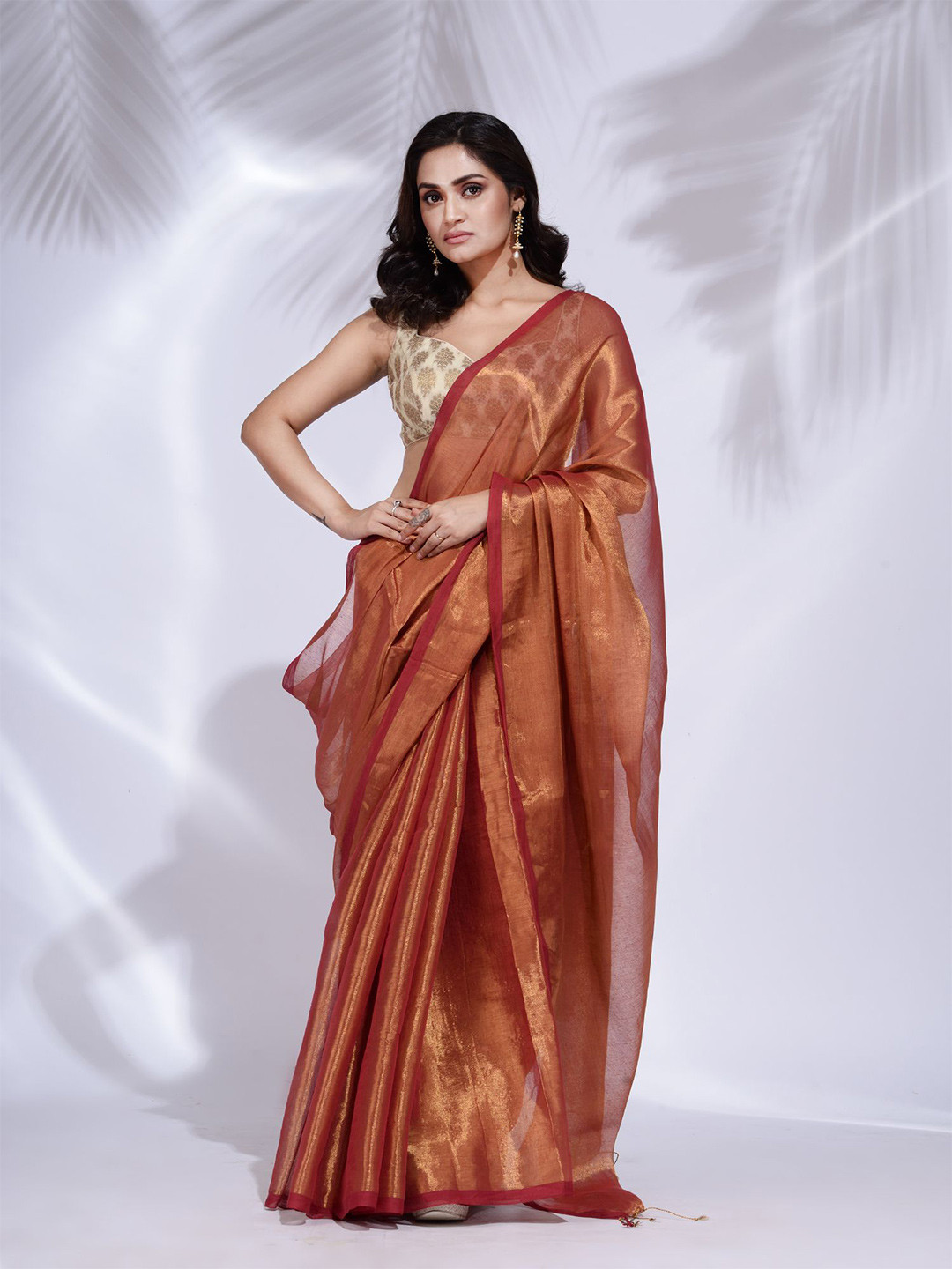 Charukriti Women Red & Gold-Toned Woven Design Tissue Saree With Unstitched Blouse Piece