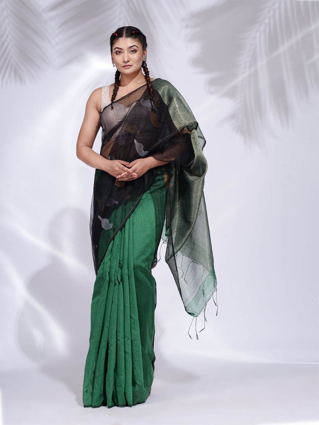 Charukriti Black & Green Woven Design Zari Saree