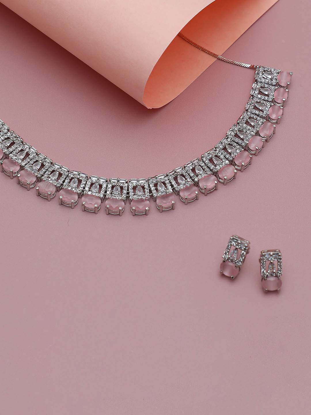 SOHI Silver-Plated Pink & White AD Stone-Studded Jewellery Set
